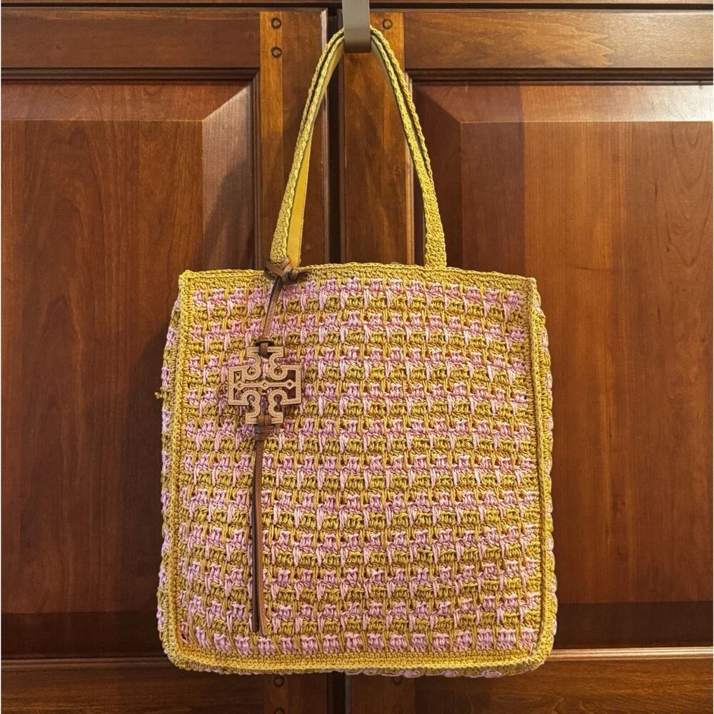 Tory Burch 165844 Straw Tote Pink Carnation Turmeric Raffia Bag NWT